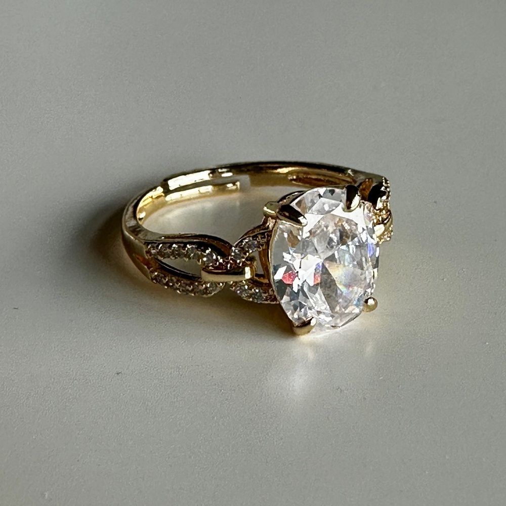 NWB Adjustable Gold Plated Oval CZ Statement Ring w/ Pave Accent Loop Band - Picture 13 of 16